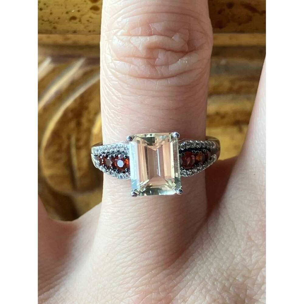 Yellow Labradorite Mozambique Garnet Sterling Silver Ring Size 6.75